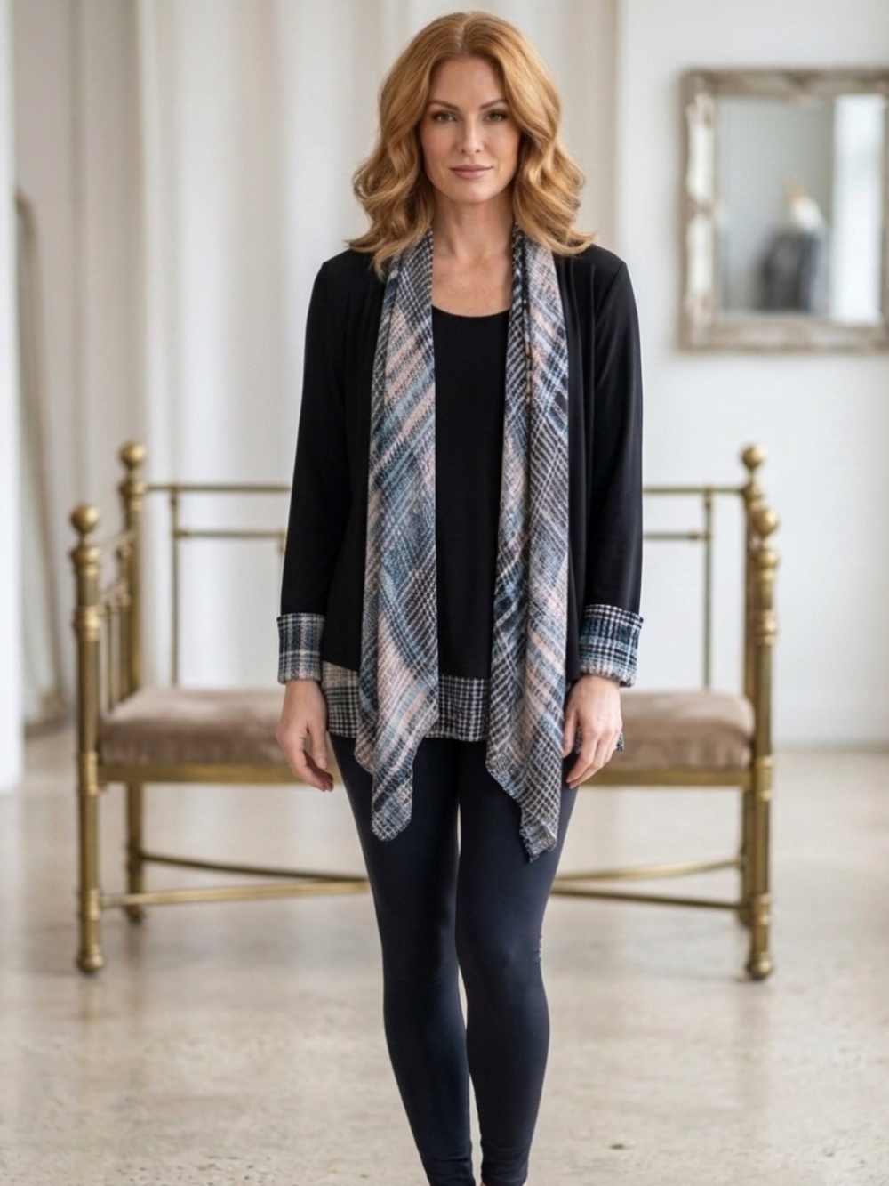 Frank Lyman Plaid-Trim Waterfall Top with Scarf Detail